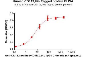 ELISA plate pre-coated by 2 μg/mL (100 μL/well) Human CD112 Protein, His Tag(ABIN7092736, ABIN7272308 and ABIN7272309) can bind Anti-CD112 antibody, IgG1 Chimeric mAb in a linear range of 0.