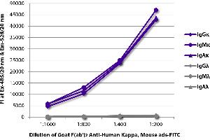 FLISA plate was coated with purified human IgGκ, IgMκ, IgAκ, IgGλ, IgMλ, and IgAλ. (山羊 anti-人 Immunoglobulin kappa Chain Complex (Igk) (Chain kappa) Antibody (FITC) - Preadsorbed)