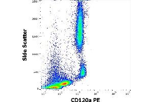 Flow cytometry surface staining pattern of human peripheral whole blood stained using anti-human CD120a (H398) PE antibody (10 μL reagent / 100 μL of peripheral whole blood). (TNFRSF1A 抗体  (PE))