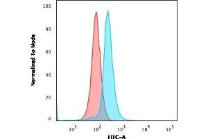 Flow Cytometric Analysis of Ramos cells using CD27 Mouse Monoclonal Antibody (LPFS2/1611) followed by goat anti-Mouse IgG-CF488 (Blue); Isotype Control (Red). (CD27 抗体)