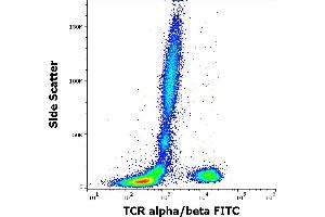 Flow cytometry surface staining pattern of human peripheral whole blood stained using anti-human TCR alpha/beta (IP26) FITC antibody (20 μL reagent / 100 μL of peripheral whole blood).