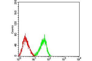 Flow cytometric analysis of HL-60 cells using CD3D mouse mAb (green) and negative control (red). (CD3D 抗体  (AA 22-105))