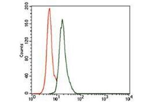 Flow cytometric analysis of A549 cells using Splunc2 mouse mAb (green) and negative control (red). (BPIFA2 抗体  (AA 16-250))