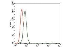 Flow cytometric analysis of K562 cells using CD55 mouse mAb (green) and negative control (red). (CD55 抗体  (AA 238-357))