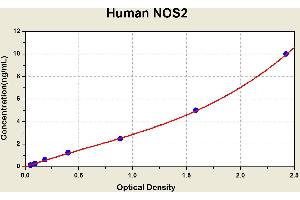 Diagramm of the ELISA kit to detect Human NOS2with the optical density on the x-axis and the concentration on the y-axis. (NOS2 ELISA 试剂盒)