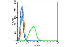 HepG2 cells probed with CD63/MLA1 Polyclonal Antibody, Unconjugated  at 1:100 for 30 minutes followed by incubation with a conjugated secondary (PE Conjugated) (green) for 30 minutes compared to control cells (blue), secondary only (light blue) and isotype control (orange). (CD63 抗体  (AA 101-200))