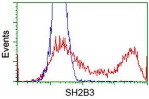 HEK293T cells transfected with either RC218359 overexpress plasmid (Red) or empty vector control plasmid (Blue) were immunostained by anti-SH2B3 antibody (ABIN2454462), and then analyzed by flow cytometry. (SH2B3 抗体)