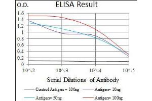 Black line: Control Antigen (100 ng), Purple line: Antigen(10 ng), Blue line: Antigen (50 ng), Red line: Antigen (100 ng), (Nucleostemin 抗体  (AA 1-226))