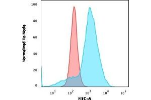 Flow Cytometric Analysis of U87MG cells using CD163 Mouse Monoclonal Antibody (M130/3296) followed by goat anti-Mouse IgG-CF488 (Blue); Isotype Control (Red). (CD68 抗体)