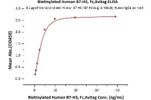 Immobilized Monoclonal A B7-H3 / B7-H3 (4Ig) Antibody, Human IgG1 at 2 μg/mL (100 μL/well) can bind Biotinylated Human B7-H3, Fc,Avitag (ABIN5954964,ABIN6253600) with a linear range of 0. (CD276 Protein (CD276) (AA 29-245) (Fc Tag,AVI tag,Biotin))
