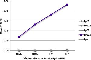 ELISA plate was coated with purified rat IgG1, IgG2a, IgG2b, IgG2c, and IgM. (小鼠 anti-大鼠 IgG2c Antibody (HRP))