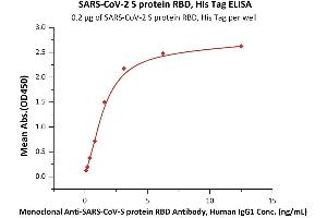 Immobilized SARS-CoV-2 S protein RBD, His Tag (ABIN6952628) at 2 μg/mL (100 μL/well) can bind Monoclonal Anti-SARS-CoV-S protein RBD Antibody, Human IgG1 with a linear range of 0. (SARS-CoV-2 Spike S1 Protein (RBD) (His tag))