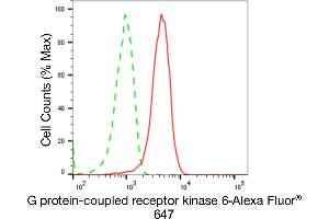 Flow cytometric analysis of G protein-coupled receptor kinase 6 expression in HepG2 cells using G protein-coupled receptor kinase 6 antibody (ABIN7798675), 1:2,000). (Recombinant GRK6 抗体)