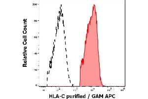 Separation of lymphocytes stained anti-human HLA-C (DT-9) purified antibody (concentration in sample 1,7 μg/mL, GAM APC, red-filled) from lymphocytes unstained by primary antibody (GAM APC, black-dashed) in flow cytometry analysis (surface staining). (HLA-C 抗体)