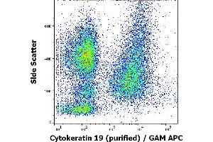 Flow cytometry intracellular staining pattern of human peripheral whole blood spiked with MCF-7 cells stained using anti-Cytokeratin 19 (A53-B/A2) purified antibody (concentration in sample 3 μg/mL, GAM APC). (Cytokeratin 19 抗体)