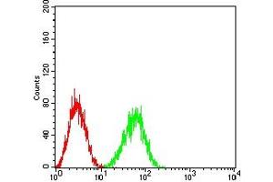 Flow cytometric analysis of HL-60 cells using CD354 mouse mAb (green) and negative control (red). (TREM1 抗体  (AA 21-205))