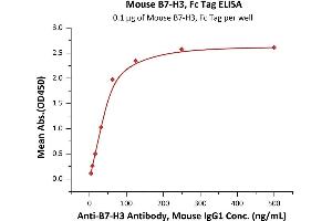 Immobilized Mouse B7-H3, Fc Tag (ABIN4949156,ABIN4949157) at 1 μg/mL (100 μL/well) can bind Anti-B7-H3 Antibody, Mouse IgG1 with a linear range of 4-63 ng/mL (QC tested). (CD276 Protein (CD276) (AA 29-244) (Fc Tag))
