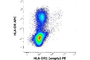 Flow cytometry multicolor surface staining pattern of human peripheral whole blood stained using anti-human HLA-DR1-empty (MEM-267) PE antibody (concentration in sample 9 μg/mL) and anti-human HLA-DR (L243) APC antibody (10 μL reagent / 100 μL of peripheral whole blood). (HLA-DR1 抗体  (PE))