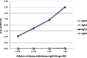 ELISA plate was coated with purified human IgG1, IgG2, IgG3, and IgG4. (小鼠 anti-人 IgG3 (Hinge Region) Antibody (HRP))