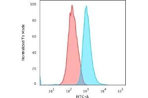 Flow Cytometric Analysis of trypsinized MeOH-fixed HeLa cells using Cytokeratin 14 Mouse Monoclonal Antibody (LL002) followed by Goat anti-Mouse IgG-CF488 (Blue); Isotype Control (Red). (KRT14 抗体  (C-Term))