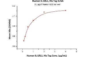 Immobilized human IL33 at 5 μg/mL (100 μL/well) can bind Human IL-1RL1, His Tag (ABIN2181366,ABIN2181365) with a linear range of 0. (IL1RL1 Protein (AA 19-328) (His tag))