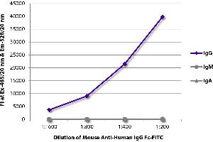 FLISA plate was coated with purified human IgG, IgM, and IgA. (小鼠 anti-人 IgG (Fc Region) Antibody (FITC))