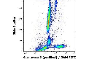 Flow cytometry intracellular staining pattern of human peripheral whole blood stained using anti-human Granzyme B (CLB-GB11) purified antibody (concentration in sample 3 μg/mL, GAM FITC). (GZMB 抗体)