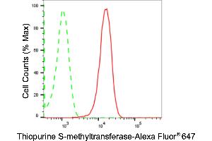 Flow cytometric analysis of Thiopurine S-methyltransferase expression in HepG2 cells using Thiopurine S-methyltransferase antibody (ABIN7800536), 1:2,000).
