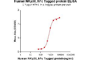 ELISA plate pre-coated by 2 μg/mL (100 μL/well) Human B7H6, His tagged protein (ABIN6964097) can bind Human NKp30, hFc tagged protein(ABIN6961135) in a linear range of 250-2000 ng/mL.