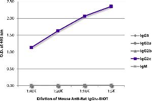 ELISA plate was coated with purified rat IgG1, IgG2a, IgG2b, IgG2c, and IgM. (小鼠 anti-大鼠 IgG2c Antibody (Biotin))