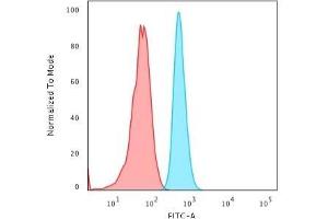 Flow Cytometric Analysis of HeLa cells using KRT15 Rabbit Recombinant Monoclonal Ab (KRT15/2103R) followed by Goat anti-rabbit IgG-CF488 (Blue); Isotype Control (Red). (Recombinant KRT15 抗体)