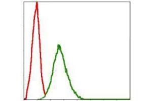 Flow cytometric analysis of NIH/3T3 cells using SKP1 mouse mAb (green) and negative control (red). (SKP1 抗体)