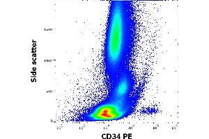 Flow cytometry surface staining pattern of human peripheral whole blood stained using anti-human CD34 (4H11[APG]) PE antibody (20 μL reagent / 100 μL of peripheral whole blood).