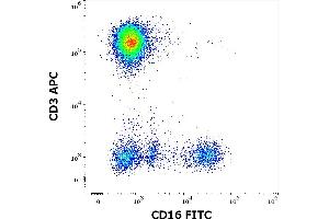 Flow cytometry multicolor surface staining pattern of human peripheral whole blood stained using anti-human CD16 (3G8) FITC antibody (4 μL reagent / 100 μL of peripheral whole blood) and anti-human CD3 (UCHT1) APC antibody (10 μL reagent / 100 μL of peripheral whole blood).
