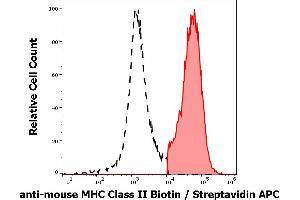 Separation of murine MHC Class II positive splenocytes (red-filled) from MHC Class II negative splenocytes (black-dashed) in flow cytometry analysis (surface staining) of peripheral whole blood stained using anti-mouse MHC Class II (M5/114) Biotin antibody (concentration in sample 9 μg/mL, Streptavidin APC). (MHC Class II 抗体  (Biotin))