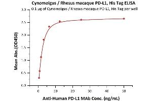 Immobilized Cynomolgus / Rhesus macaque PD-L1, His Tag (ABIN2181634,ABIN2181633) at 1 μg/mL (100 μL/well) can bind A PD-L1 MAb with a linear range of 0. (PD-L1 Protein (AA 19-238) (His tag))