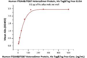 Immobilized Natalizumab at 1 μg/mL (100 μL/well) can bind Human ITGA4&ITGB7 Heterodimer Protein, His Tag&Tag Free (ABIN5954916,ABIN6253569) with a linear range of 4-63 ng/mL (QC tested).