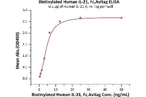 Immobilized Human IL-21 R, Fc Tag (ABIN2181374,ABIN2181373) at 5 μg/mL (100 μL/well) can bind Biotinylated Human IL-21, Fc,Avitag (ABIN5674598,ABIN6253717) with a linear range of 0.