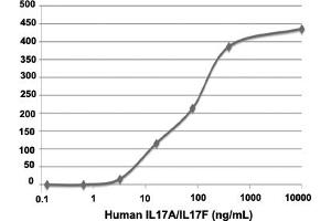 Serial dilutions of human IL-17 AF(starting at 1 ug/mL) were added to NIH 3T3 cells. (Interleukin 17a 蛋白)