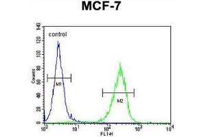 CO027 Antibody (C-term) flow cytometric analysis of MCF-7 cells (right histogram) compared to a negative control cell (left histogram). (C15orf27 抗体  (C-Term))