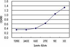 Sandwich ELISA detection sensitivity ranging from approximately 27x to 3x dilution of the FGA 293T overexpression lysate (non-denatured).