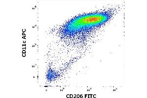 Flow cytometry multicolor surface staining of human stimulated (GM-CSF + IL-4) peripheral blood mononuclear cells stained using anti-human CD206 (15-2) FITC antibody (4 μL reagent per milion cells in 100 μL of cell suspension) and anti-human CD11c (BU15) APC antibody (10 μL reagent per milion cells in 100 μL of cell suspension). (Macrophage Mannose Receptor 1 抗体  (FITC))