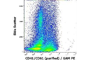 Flow cytometry surface staining pattern of PHA stimulated human peripheral whole blood stained using anti-human CD41/CD61 (PAC-1) purified antibody (concentration in sample 8 μg/mL, GAM PE). (CD41, CD61 抗体)