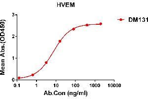 ELISA plate pre-coated by 1 μg/mL (100 μL/well) Human HVEM protein, His tagged protein ((ABIN6964089, ABIN7042433 and ABIN7042434)) can bind Rabbit anti-HVEM monoclonal antibody(clone: DM131) in a linear range of 0. (HVEM 抗体  (AA 39-202))