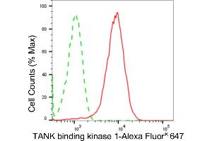 Flow cytometric analysis of TANK binding kinase 1 expression in HepG2 cells using TANK binding kinase 1 antibody (ABIN7800507), 1:2,000). (Recombinant TBK1 抗体)