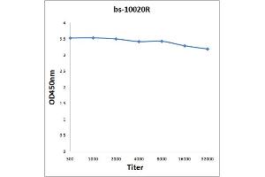 Antigen: 2 µg/100 µL Primary: Antiserum, 1:500, 1:1000, 1:2000, 1:4000, 1:8000, 1:16000, 1:32000, Secondary: HRP conjugated Rabbit Anti-Goat IgG at 1: 5000, TMB staining Read the data in Microplate Reader by 450 nm. (HADH 抗体  (AA 241-314))
