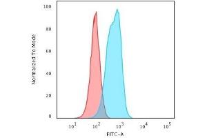 Flow Cytometric Analysis of RAW cells using Cytokeratin 6 Mouse Monoclonal Antibody (SPM269) followed by Goat anti-Mouse IgG-CF488 (Blue); Isotype Control (Red). (KRT6A/KRT6B/KRT6C (C-Term) 抗体)