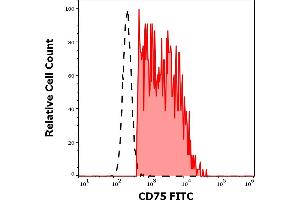 Separation of human CD75 positive lymphocytes (red-filled) from neutrophil granulocytes (black-dashed) in flow cytometry analysis (surface staining) of human peripheral whole blood stained using anti-human CD75 (LN1) PE antibody (4 μL reagent / 100 μL of peripheral whole blood). (ST6GAL1 抗体  (FITC))