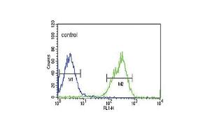 P4K3 Antibody (ABIN653817 and ABIN2843090) flow cytometric analysis of HepG2 cells (right histogram) compared to a negative control cell (left histogram). (MAP4K3 抗体)