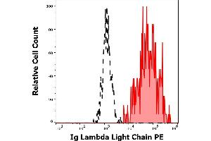 Separation of human Ig Lambda Light Chain positive B cells (red-filled) from Ig Lambda Light Chain negative B cells (black-dashed) in flow cytometry analysis (surface staining) of human peripheral whole blood stained using anti-human Ig Lambda Light Chain (1-155-2) PE antibody (10 μL reagent / 100 μL of peripheral whole blood). (Lambda-IgLC 抗体  (PE))